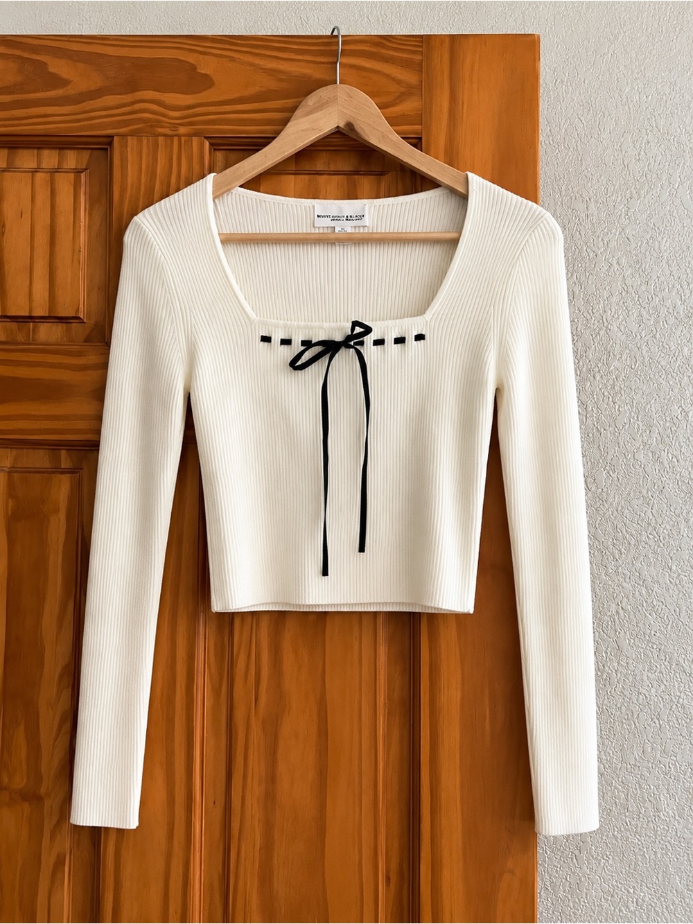 Women's Cream Ribbed Long-Sleeve Top with Black Tie
